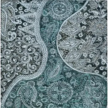 3' X 5' Teal Blue And Dark Green Floral Medallion Washable Indoor Outdoor Area Rug