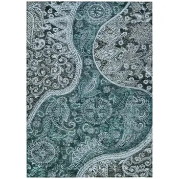 5' X 8' Teal Blue And Dark Green Floral Medallion Washable Indoor Outdoor Area Rug