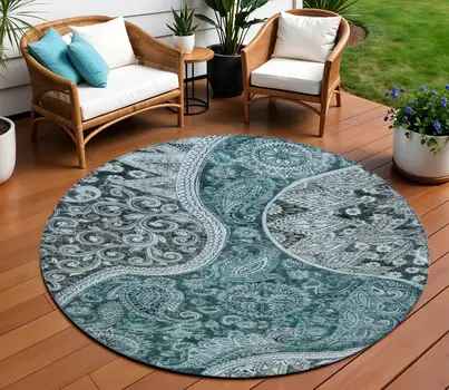 8' Teal Blue And Dark Green Round Floral Medallion Washable Indoor Outdoor Area Rug