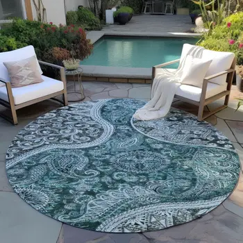 8' Teal Blue And Dark Green Round Floral Medallion Washable Indoor Outdoor Area Rug