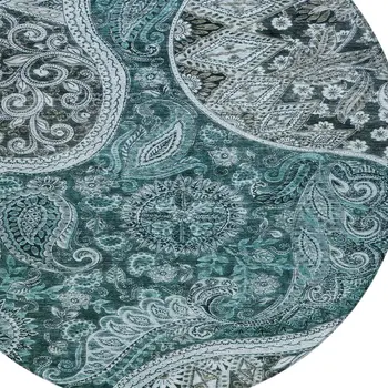 8' Teal Blue And Dark Green Round Floral Medallion Washable Indoor Outdoor Area Rug