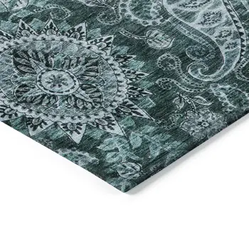 8' X 10' Teal Blue And Dark Green Floral Medallion Washable Indoor Outdoor Area Rug