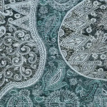 8' X 10' Teal Blue And Dark Green Floral Medallion Washable Indoor Outdoor Area Rug