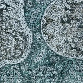 9' X 12' Teal Blue And Dark Green Floral Medallion Washable Indoor Outdoor Area Rug