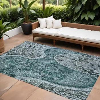 10' X 14' Teal Blue And Dark Green Floral Medallion Washable Indoor Outdoor Area Rug