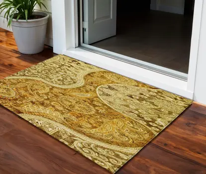 3' X 5' Terra Cotta Brown And Gold Floral Medallion Washable Indoor Outdoor Area Rug