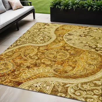 5' X 8' Terra Cotta Brown And Gold Floral Medallion Washable Indoor Outdoor Area Rug