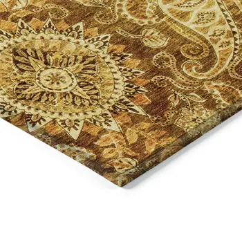 5' X 8' Terra Cotta Brown And Gold Floral Medallion Washable Indoor Outdoor Area Rug
