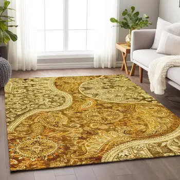 5' X 8' Terra Cotta Brown And Gold Floral Medallion Washable Indoor Outdoor Area Rug