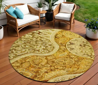 8' Terra Cotta Brown And Gold Round Floral Medallion Washable Indoor Outdoor Area Rug