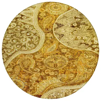 8' Terra Cotta Brown And Gold Round Floral Medallion Washable Indoor Outdoor Area Rug