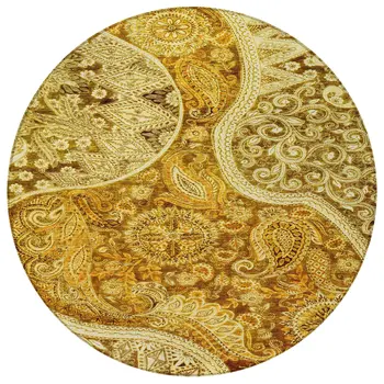8' Terra Cotta Brown And Gold Round Floral Medallion Washable Indoor Outdoor Area Rug
