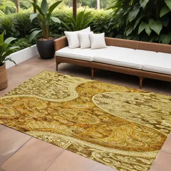 8' X 10' Terra Cotta Brown And Gold Floral Medallion Washable Indoor Outdoor Area Rug