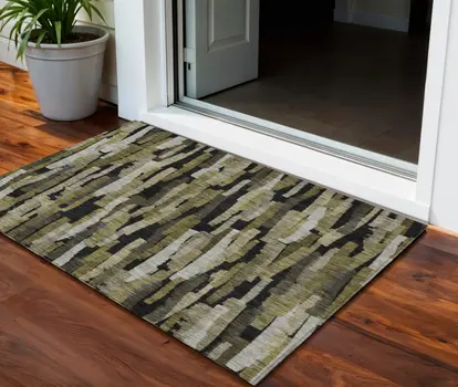 3' X 5' Brown Black And Green Striped Washable Indoor Outdoor Area Rug