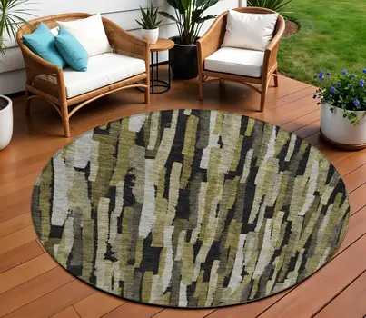 8' Brown Black And Green Round Striped Washable Indoor Outdoor Area Rug