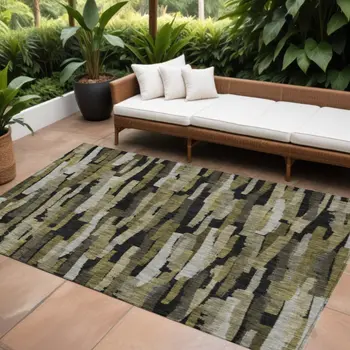 8' X 10' Brown Black And Green Striped Washable Indoor Outdoor Area Rug