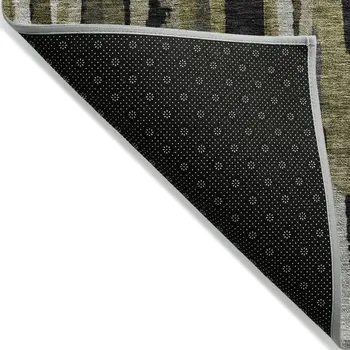 9' X 12' Brown Black And Green Striped Washable Indoor Outdoor Area Rug