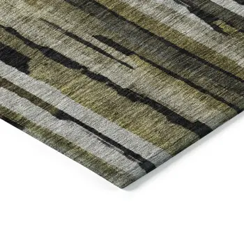 9' X 12' Brown Black And Green Striped Washable Indoor Outdoor Area Rug
