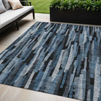 5' X 8' Blue Black And Gray Striped Washable Indoor Outdoor Area Rug