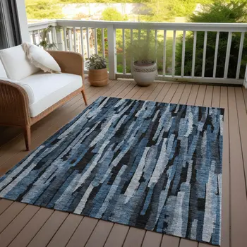 5' X 8' Blue Black And Gray Striped Washable Indoor Outdoor Area Rug
