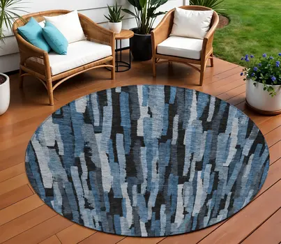 8' Blue Black And Gray Round Striped Washable Indoor Outdoor Area Rug