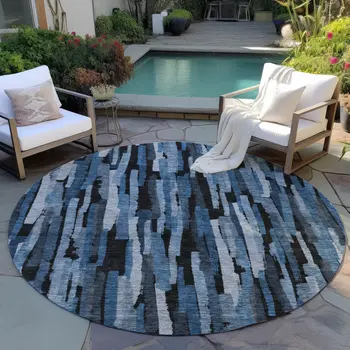 8' Blue Black And Gray Round Striped Washable Indoor Outdoor Area Rug