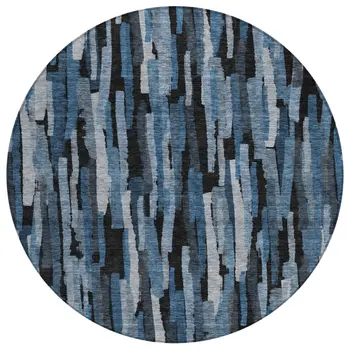 8' Blue Black And Gray Round Striped Washable Indoor Outdoor Area Rug