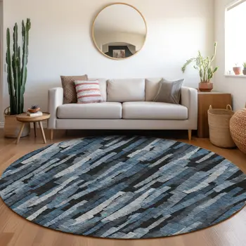 8' Blue Black And Gray Round Striped Washable Indoor Outdoor Area Rug