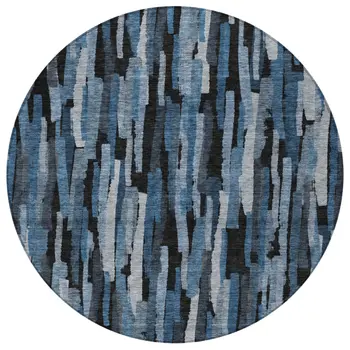 8' Blue Black And Gray Round Striped Washable Indoor Outdoor Area Rug