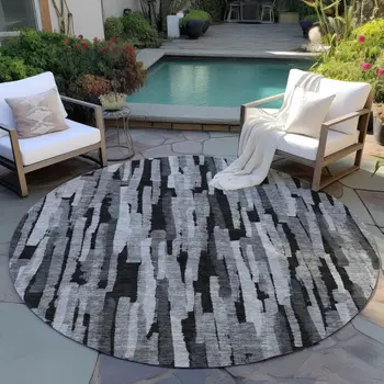 8' Gray And Black Round Striped Washable Indoor Outdoor Area Rug