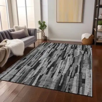 8' X 10' Gray And Black Striped Washable Indoor Outdoor Area Rug