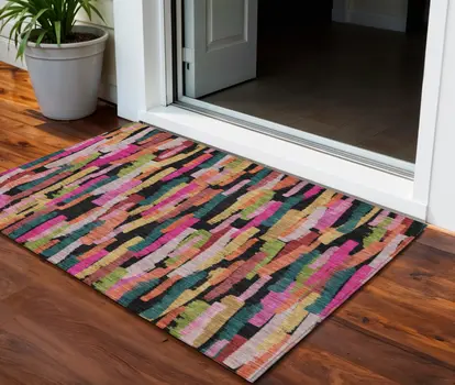 3' X 5' Pink Black And Green Striped Washable Indoor Outdoor Area Rug