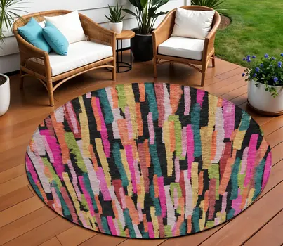 8' Pink Black And Green Round Striped Washable Indoor Outdoor Area Rug