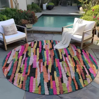 8' Pink Black And Green Round Striped Washable Indoor Outdoor Area Rug