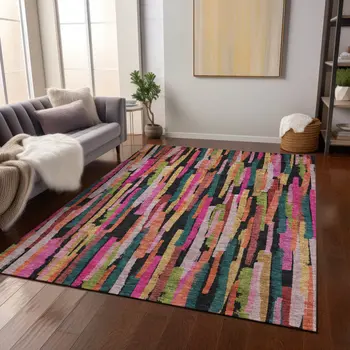 8' X 10' Pink Black And Green Striped Washable Indoor Outdoor Area Rug