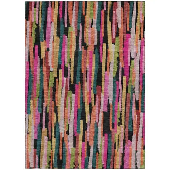 9' X 12' Pink Black And Green Striped Washable Indoor Outdoor Area Rug