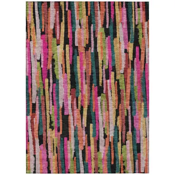 9' X 12' Pink Black And Green Striped Washable Indoor Outdoor Area Rug