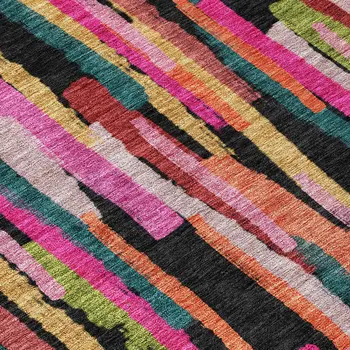 9' X 12' Pink Black And Green Striped Washable Indoor Outdoor Area Rug