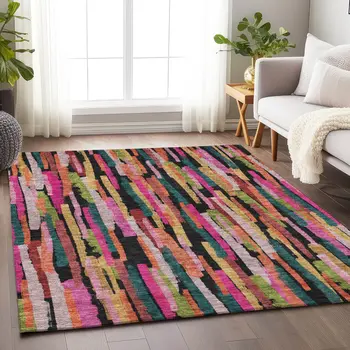 9' X 12' Pink Black And Green Striped Washable Indoor Outdoor Area Rug