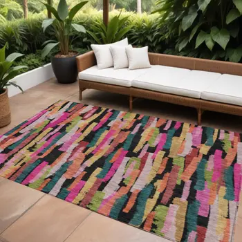 10' X 14' Pink Black And Green Striped Washable Indoor Outdoor Area Rug