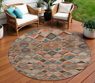 8' Brown Gray And Tan Round Geometric Washable Indoor Outdoor Area Rug