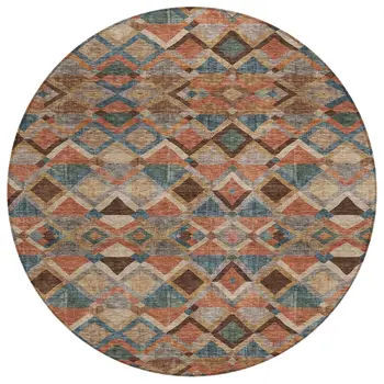 8' Brown Gray And Tan Round Geometric Washable Indoor Outdoor Area Rug