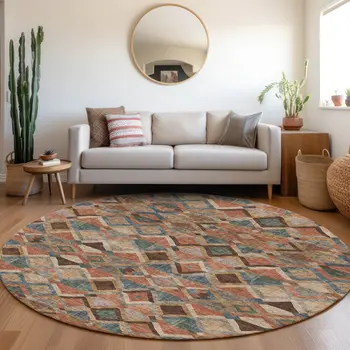 8' Brown Gray And Tan Round Geometric Washable Indoor Outdoor Area Rug