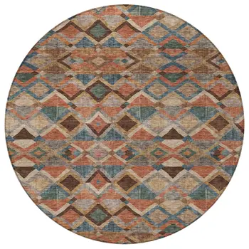 8' Brown Gray And Tan Round Geometric Washable Indoor Outdoor Area Rug