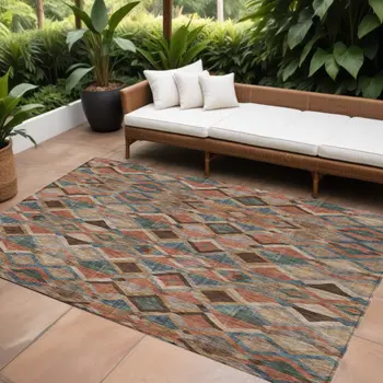 9' X 12' Brown Gray And Tan Geometric Washable Indoor Outdoor Area Rug