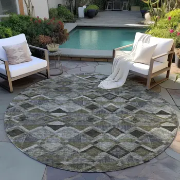 8' Gray And Charcoal Round Geometric Washable Indoor Outdoor Area Rug