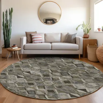 8' Gray And Charcoal Round Geometric Washable Indoor Outdoor Area Rug