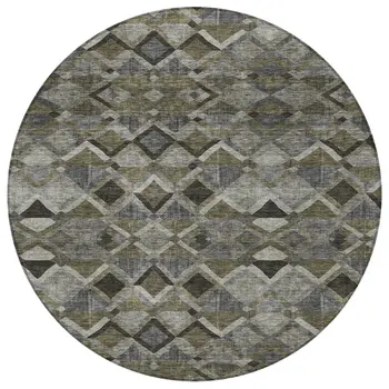 8' Gray And Charcoal Round Geometric Washable Indoor Outdoor Area Rug