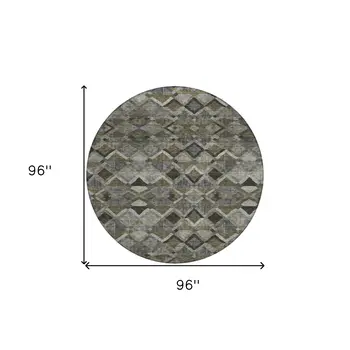 8' Gray And Charcoal Round Geometric Washable Indoor Outdoor Area Rug
