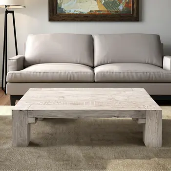 55" Natural and Off White Reclaimed Wood Distressed Coffee Table